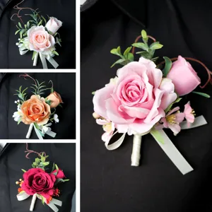 Europäischer Stil Künstliche Rose Hochzeit Ansteckblume Handgefertigte Seidenblume Handgelenk Corsage Bräutigam Party Deko