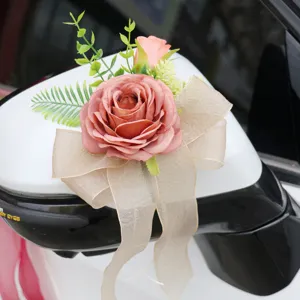 Wedding Car Rearview Mirror Door Handle Decoration Flowers Artificial Rose Chiffon Bowknot For Wedding Party Ceremony Event Decor