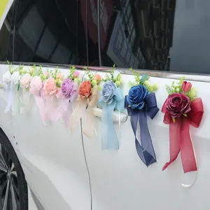 Wedding car door handle decoration artificial rose flowers with bows set for wedding
