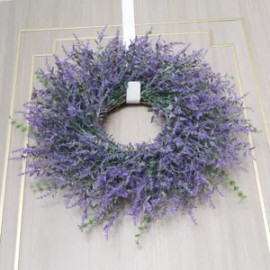 Artificial lavender wreath for front door decor, realistic purple floral wall hanging for home
