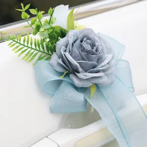 Wedding car door handle decoration blue artificial rose flower bow ribbon floral arrangement