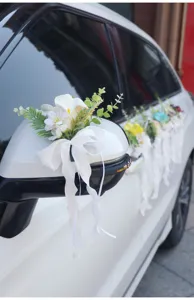 Wedding car decoration artificial flower set with elegant white bow ribbon for wedding ceremony