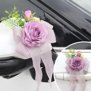 Wedding car flower decoration purple rose ribbon bow for rearview mirror and door handle.