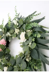 Künstlicher Eukalyptus Blumenkranz weiße rosa Rosen hängende Wand Tür Dekor Hochzeit