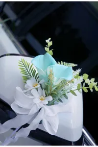 Wedding car decorative flower artificial flower detail view with blue calla lily white ribbon