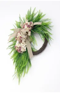 Artificial floral door wreath with green leaves burlap bow vine base home decor wall hanging