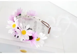 Kids floral crown headband with white purple daisies and lace ribbon for wedding flower girls.