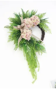 Artificial hydrangea door wreath fake green plants for home wall hanging holiday decor.