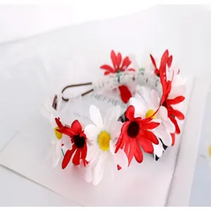 Kids floral headband with red white daisies and ribbon for wedding flower girl hair accessory
