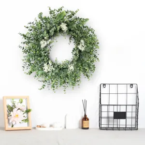Artificial Eucalyptus Wreath With White Flowers Farmhouse Garland For Front Door Wall Window Indoor Outdoor Home Decor Pastoral Green Wreath