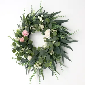 Künstlicher Eukalyptus-Kranz mit rosa und weißen Rosen für Haustür, Hochzeit und Wandbehang.