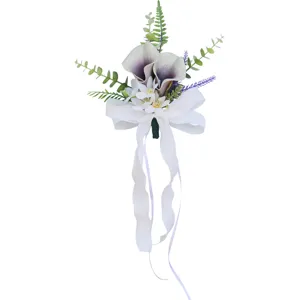 Artificial Calla Lily Wedding Car Flower Chair Back Decor Bowknot Silk Bouquet White