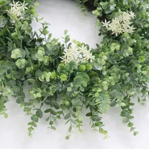 Artificial eucalyptus leaf wreath for front door, pastoral green foliage home decor.