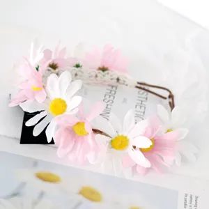 Floral headband for kids, cute daisy flower crown with ribbons for wedding party hair accessories.