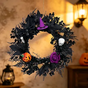 Halloween Krans Zwarte Wijnstok Slinger Met Paarse Roos Pompoen Schedel Heksenhoed Horror Feest Deur Muur Decoratie Gotische Krans