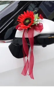 Décoration de rétroviseur de voiture de mariage tournesol rouge artificiel ruban bouquet.