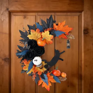 Halloween Crescent Moon Cat Wreath Door Hanging Silk Flower Rattan Hoop Ornament With Vintage Lantern Pumpkin Maple Leaf For Home Yard Wall Decor
