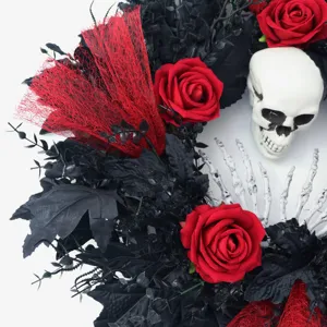 Halloween skull wreath with red roses and black leaves for party decoration door hanging.