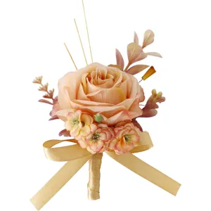 Elegant artificial rose boutonniere with ribbon for wedding groom best man celebration party.