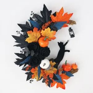 Halloween crescent moon cat wreath artificial floral door hanging home wall decor