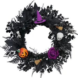 Halloween krans zwarte bladeren paarse heksenhoed doodskop pompoen hangende wanddecoratie feest
