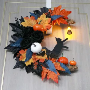 Halloween crescent moon wreath with black cat, autumn leaves, pumpkins and LED lantern.