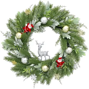 Corona de Navidad artificial con Bolas Papa Noel y Ciervo para decoracion de puerta