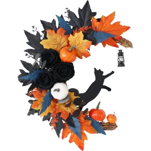 Halloween crescent moon cat wreath door hanging artificial maple leaf pumpkin holiday decor