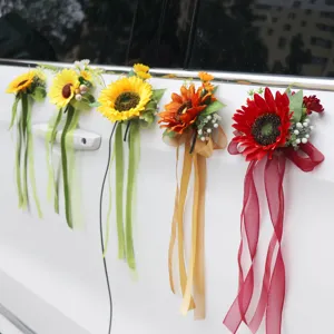 Décoration de poignée de porte de voiture de mariage tournesol artificiel nœud ruban set.