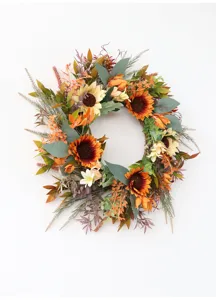 Closeup view of the vintage autumn artificial sunflower wreath detail for door hanging.