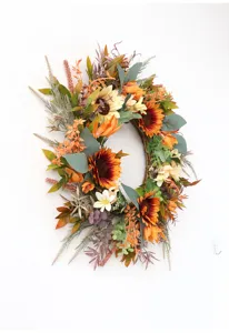 Retro artificial sunflower wreath for autumn harvest and Thanksgiving door hanging decoration.