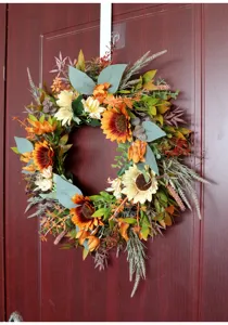 Vintage artificial sunflower wreath for autumn harvest and Thanksgiving door hanging decor.