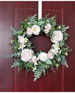 Corona de flores artificiales de primavera con rosas blancas y rosas para decoracion de puertas.