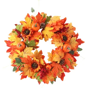 Couronne d'automne Thanksgiving avec feuilles d'érable citrouilles tournesols déco murale porte
