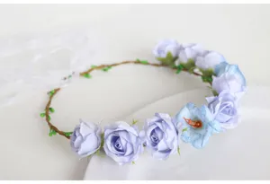 Blue floral hair wreath detail shot, romantic fairy flower crown for bridal photo props.