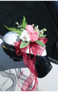 Artificial flower wedding car rearview mirror decoration bow bouquet for wedding ceremony setup