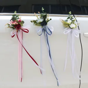 Kunstmatige trouwauto deurgreep bloemen boeketten met lange linten voor huwelijksdecoratie hoofd