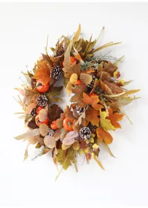 Autumn Thanksgiving maple leaf pinecone wreath with mini pumpkins for door and wall hanging decor.