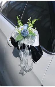 Blue artificial flower car rearview mirror decoration wedding bow ribbon bouquet.