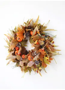 Autumn Thanksgiving maple leaf pinecone wreath with mini pumpkins for front door wall decor