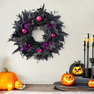 Halloween Wreath Black Artificial Maple Leaf Front Door Decoration Pink Decorative Balls Purple Ribbon Bow Gothic Garland