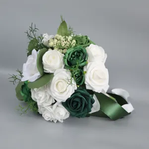 Weiß grüne Rosenkraut künstliche Hochzeitsblumen Braut Handblumenstrauß Deko Requisite