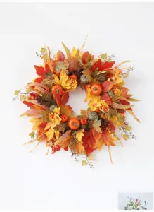 Autumn Thanksgiving maple leaf pine cone wreath white pumpkin door wall hanging decor