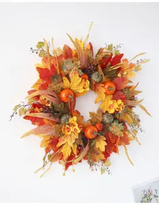 Autumn Thanksgiving maple leaf pumpkin wreath decoration for front door wall hanging decor.
