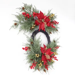 Corona navideña artificial puerta colgante flor de pascua piñas bayas decoración