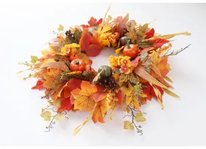 Autumn thanksgiving maple leaf wreath with pumpkins and pinecones for home door wall hanging decor.