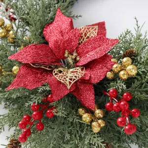 Corona de Navidad artificial roja flor de pascua ramas pino bayas colgante puerta