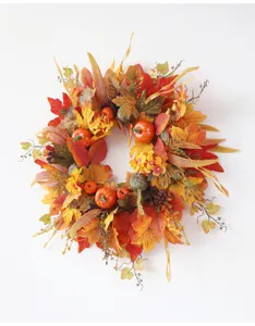 Autumn Thanksgiving maple leaf wreath with artificial pumpkins and pine cones for door wall decor.