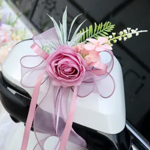 Wedding car rearview mirror decoration artificial flower bow pink rose ribbon floral decor
