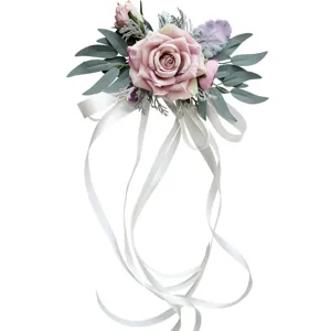 Artificial rose flower decoration with long white ribbons for wedding car mirror and chair back